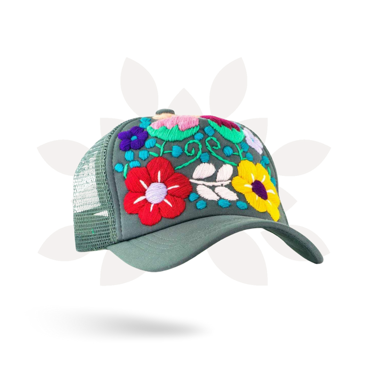 Tulum Hand Embroidered Trucker Flower Hat - Mexico-Apparel-Rebeca y Francisco (Mexico)-Lumily MZ Fair Trade Nena & Co Hiptipico Novica Lucia's World emporium