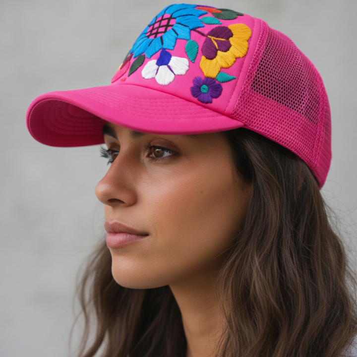 Tulum Hand Embroidered Trucker Flower Hat - Mexico-Apparel-Rebeca y Francisco (Mexico)-Lumily MZ Fair Trade Nena & Co Hiptipico Novica Lucia's World emporium