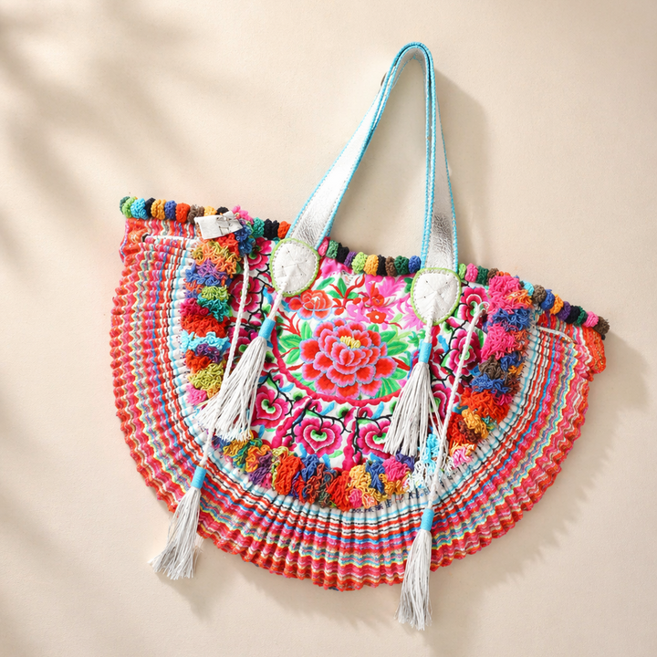 Embroidered Half Moon Ibiza Leather Tote Pom Pom Bag – Thailand-Bags-Lumily-Blue-Lumily MZ Fair Trade Nena &amp; Co Hiptipico Novica Lucia&