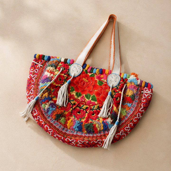 Embroidered Half Moon Ibiza Leather Tote Pom Pom Bag – Thailand-Bags-Lumily-Orange-Lumily MZ Fair Trade Nena &amp; Co Hiptipico Novica Lucia&