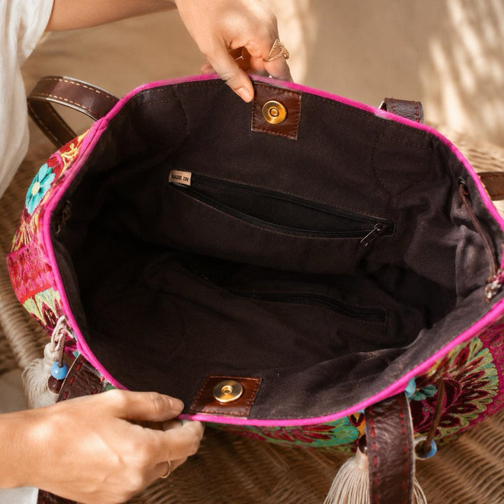 Vintage Hmong Leather Tote Artisan Handbag Fair Trade Luxury Boho Bag - Thailand-Bags-Lumily-Lumily MZ Fair Trade Nena &amp; Co Hiptipico Novica Lucia&