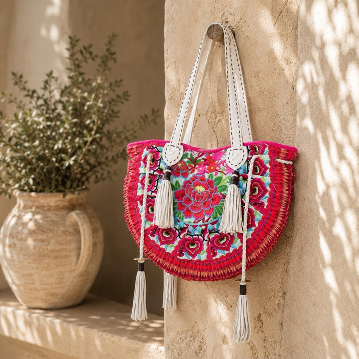 Vintage Hmong Leather Tote Artisan Handbag Fair Trade Luxury Boho Bag - Thailand-Bags-Lumily-Pink-Lumily MZ Fair Trade Nena &amp; Co Hiptipico Novica Lucia&