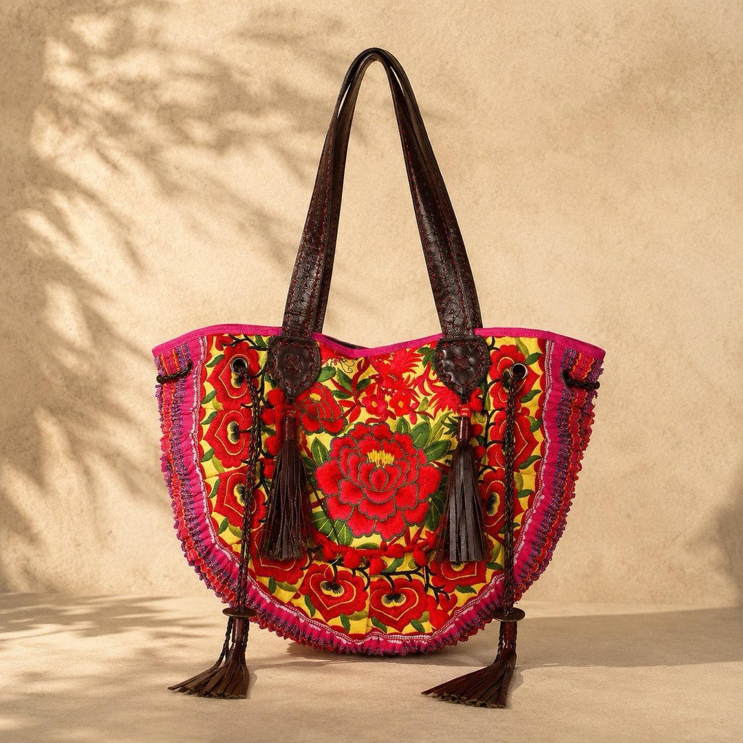Vintage Hmong Leather Tote Artisan Handbag Fair Trade Luxury Boho Bag - Thailand-Bags-Lumily-Orange-Lumily MZ Fair Trade Nena & Co Hiptipico Novica Lucia's World emporium