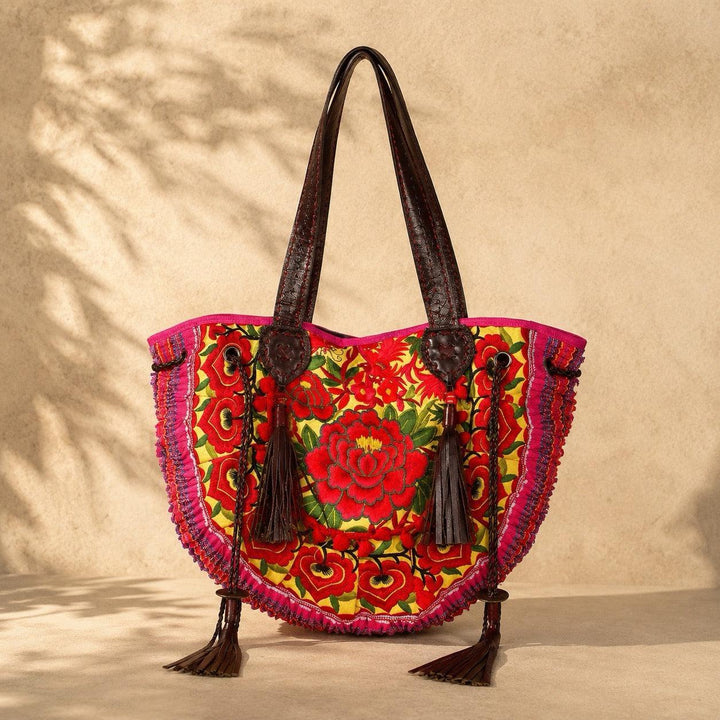 Vintage Hmong Leather Tote Artisan Handbag Fair Trade Luxury Boho Bag - Thailand-Bags-Lumily-Orange-Lumily MZ Fair Trade Nena &amp; Co Hiptipico Novica Lucia&
