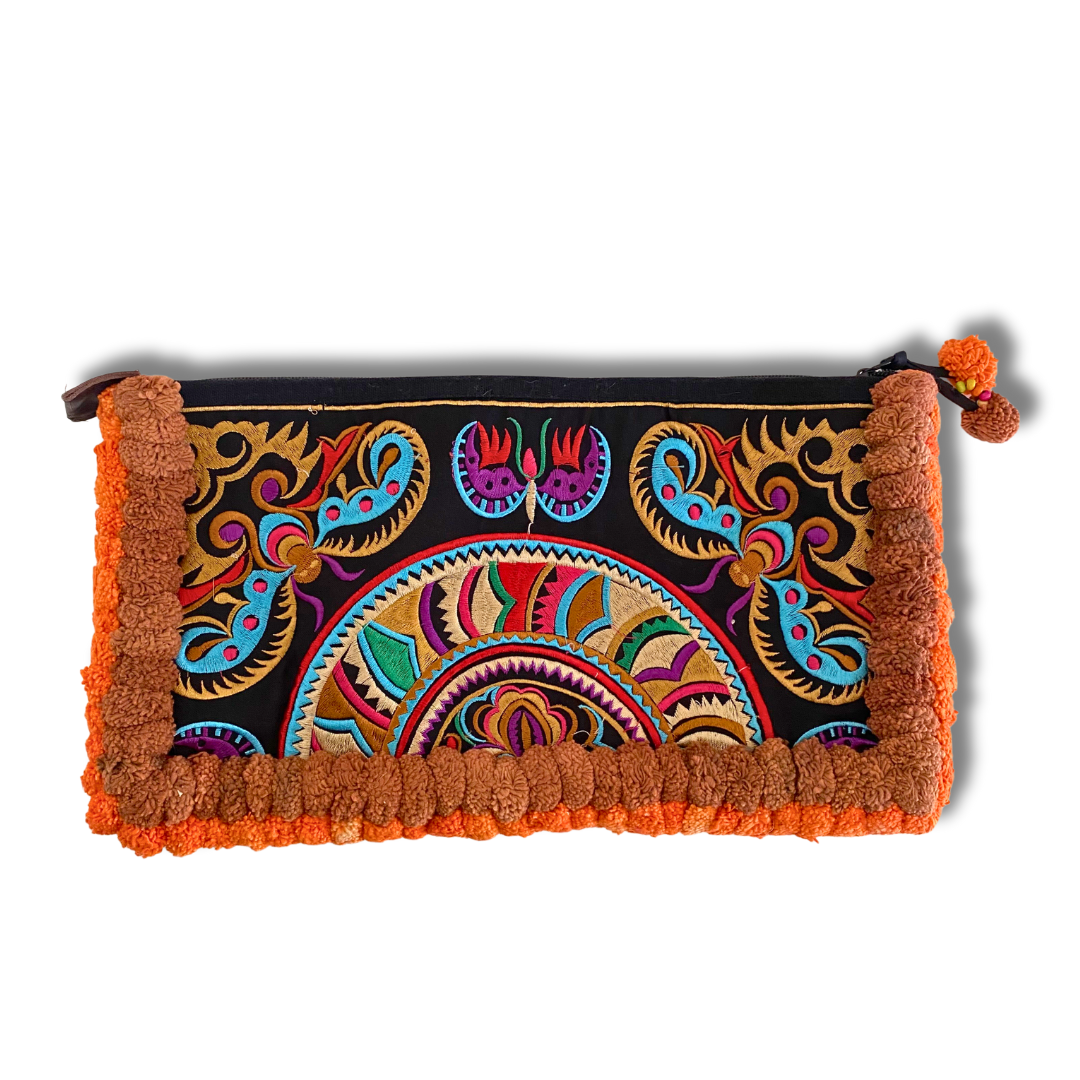 Double Pompom Embroidered Hmong Clutch - Thailand-Bags-Lumily-Orange Brown-Lumily MZ Fair Trade Nena & Co Hiptipico Novica Lucia's World emporium
