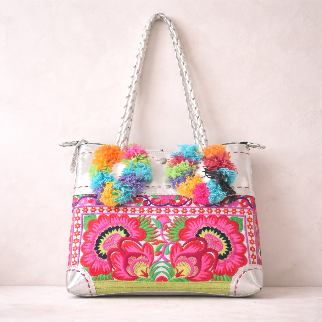 Bonita Embroidered Leather Pompom Bag — Handmade in Thailand-Bags-Lumily-Silver-Lumily MZ Fair Trade Nena & Co Hiptipico Novica Lucia's World emporium