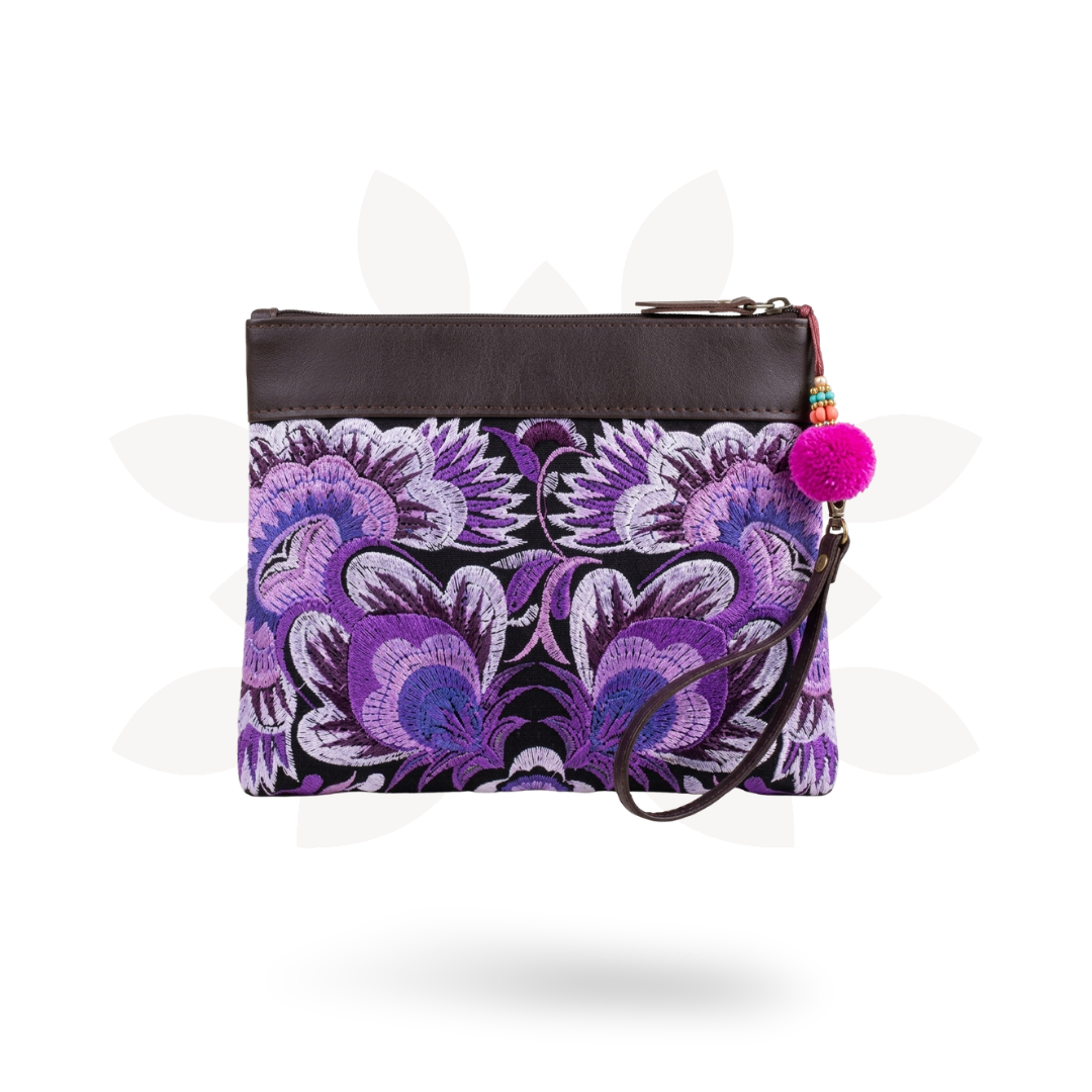 Embroidered Flower Leather Trim Wristlet - Thailand-Bags-Lumily-Purple-Lumily MZ Fair Trade Nena & Co Hiptipico Novica Lucia's World emporium