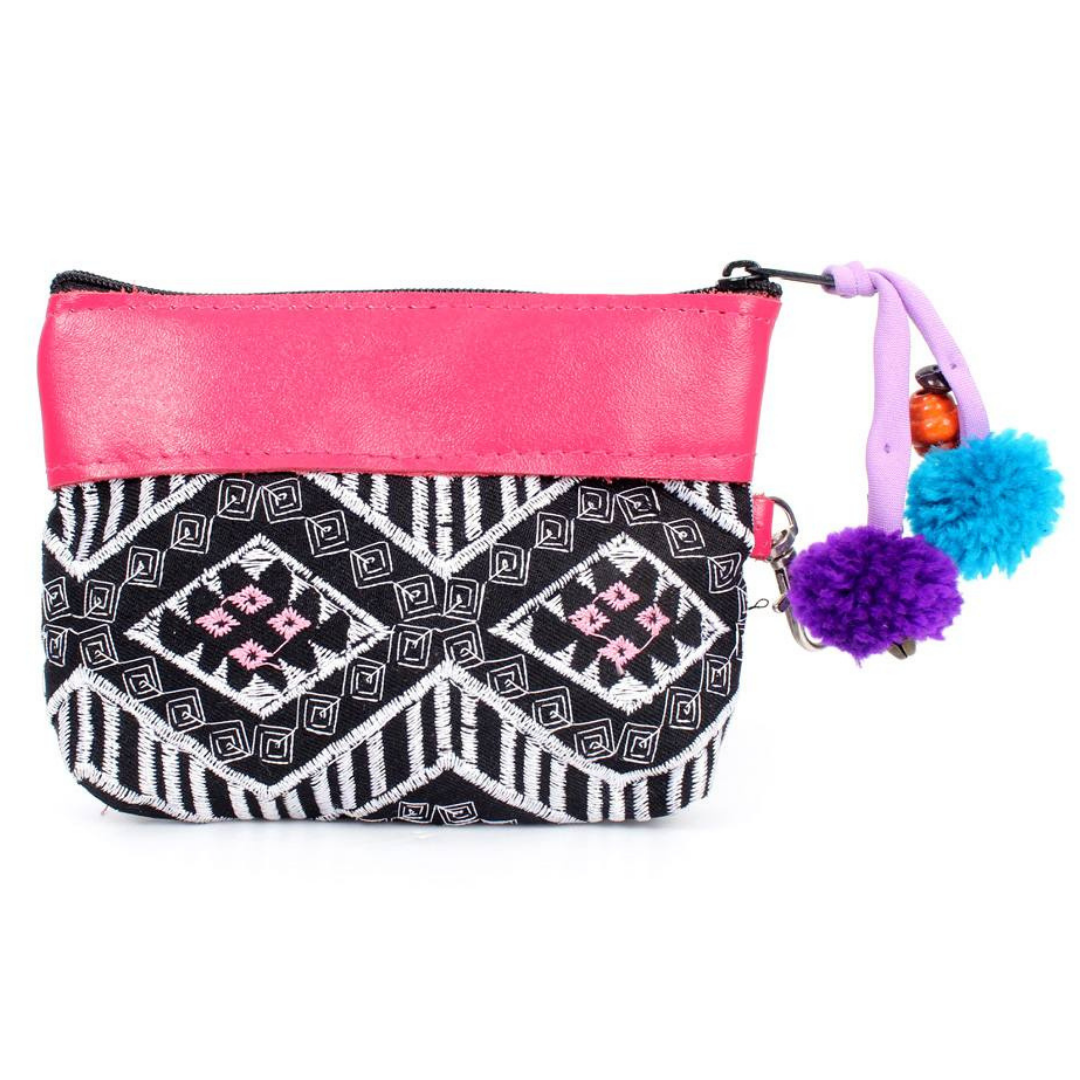 Clip-On Embroidered Coin Purse with Leather Trim - Thailand