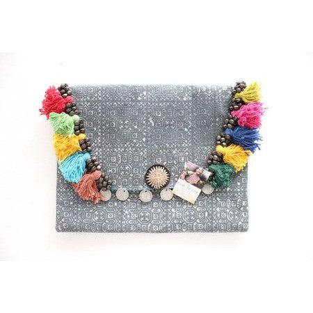 Embroidered Multi Tassel Clutch Bag | IPad Case - Thailand-Bags-Lumily-Grey-Lumily MZ Fair Trade Nena & Co Hiptipico Novica Lucia's World emporium