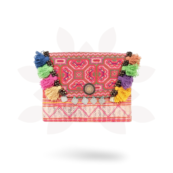 Upcycled Hmong Vintage Fabric Clutch with Tassels &amp; Bells - Thailand-Bags-Lumily-Lumily MZ Fair Trade Nena &amp; Co Hiptipico Novica Lucia&