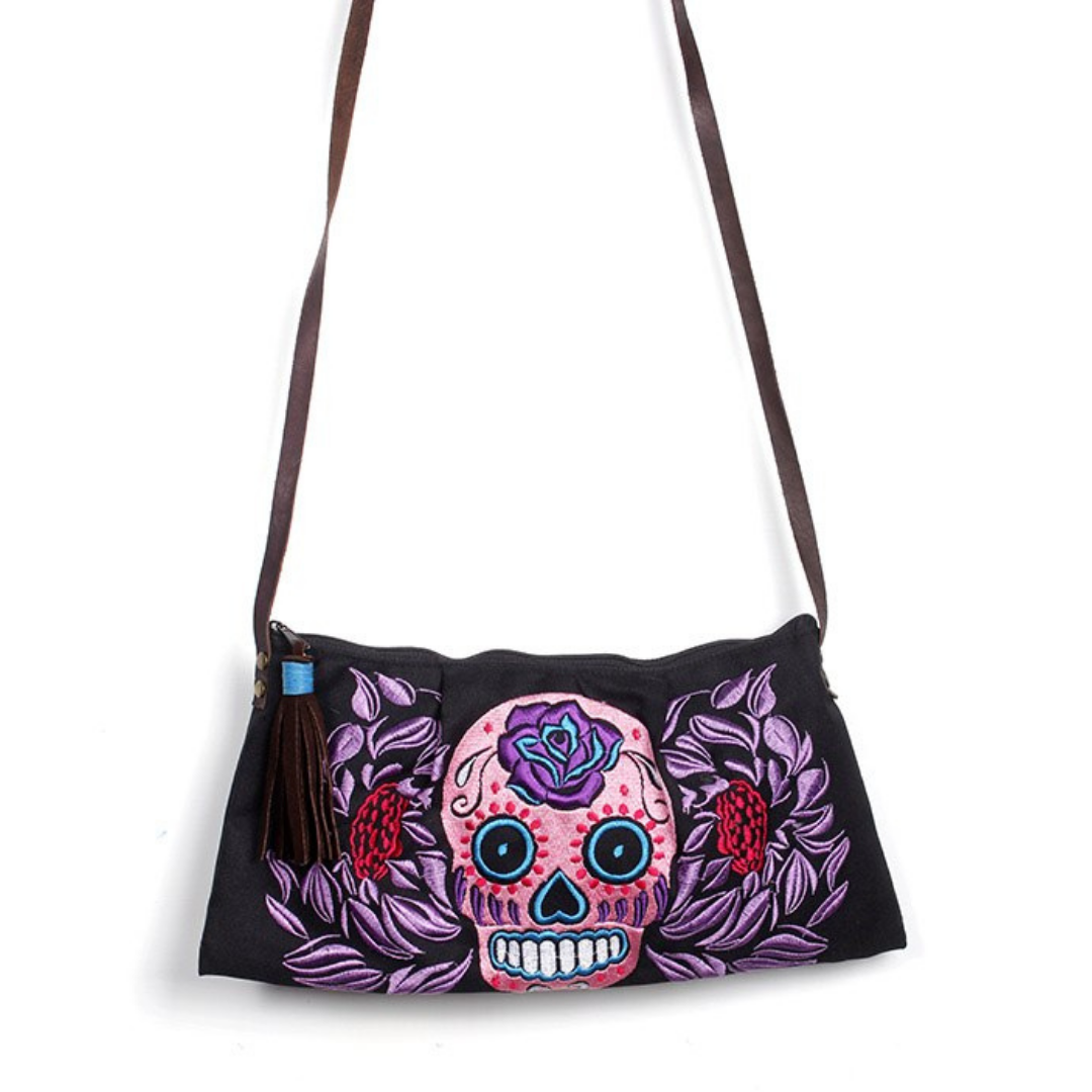 Culturas Sugar Skull Crossbody Embroidered Bag - Thailand-Bags-Lumily-Purple-Lumily MZ Fair Trade Nena & Co Hiptipico Novica Lucia's World emporium