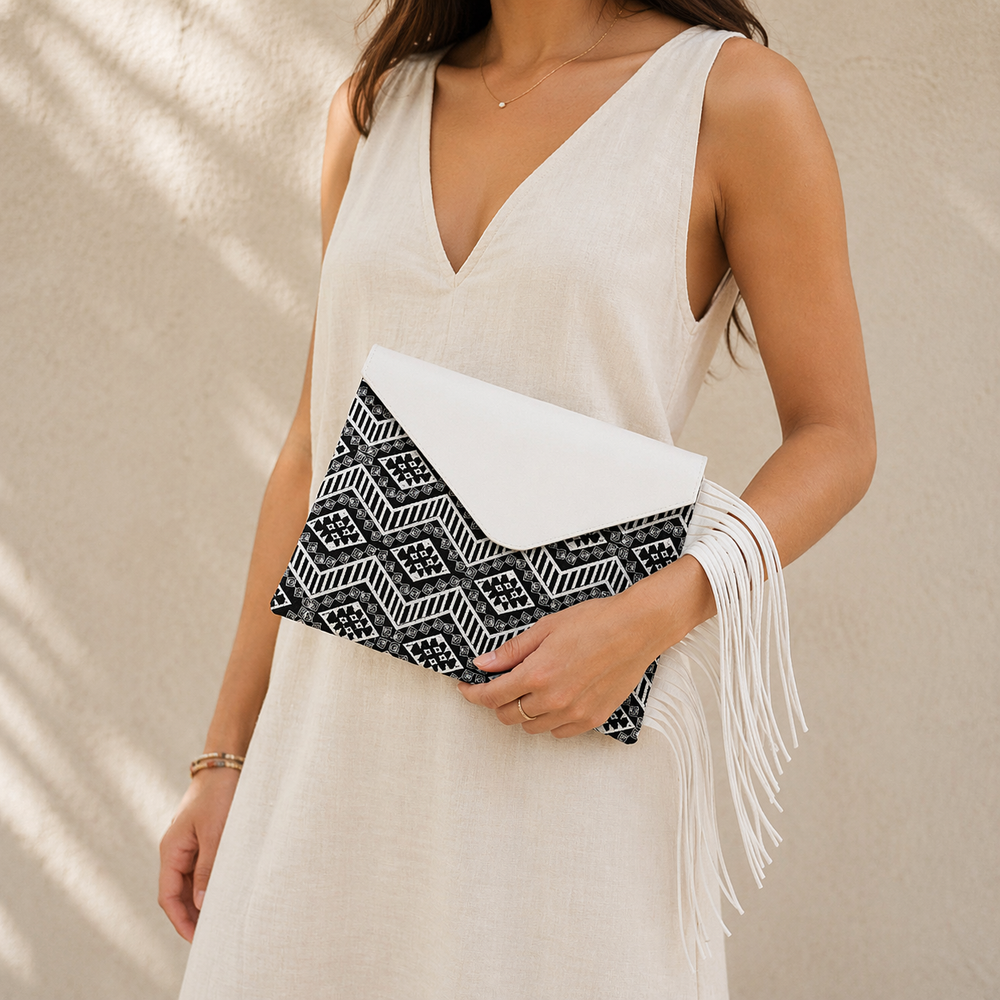 Embroidered Fringe Clutch Bag with Leather Tassel – Thailand-Bags-Lumily-Lumily MZ Fair Trade Nena & Co Hiptipico Novica Lucia's World emporium