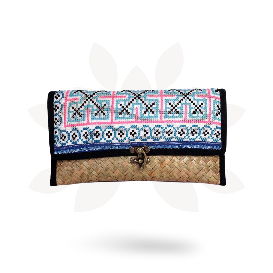 Boho Rattan Clutch with Vintage Embroidery - Thailand-Bags-Lumily-Lumily MZ Fair Trade Nena & Co Hiptipico Novica Lucia's World emporium
