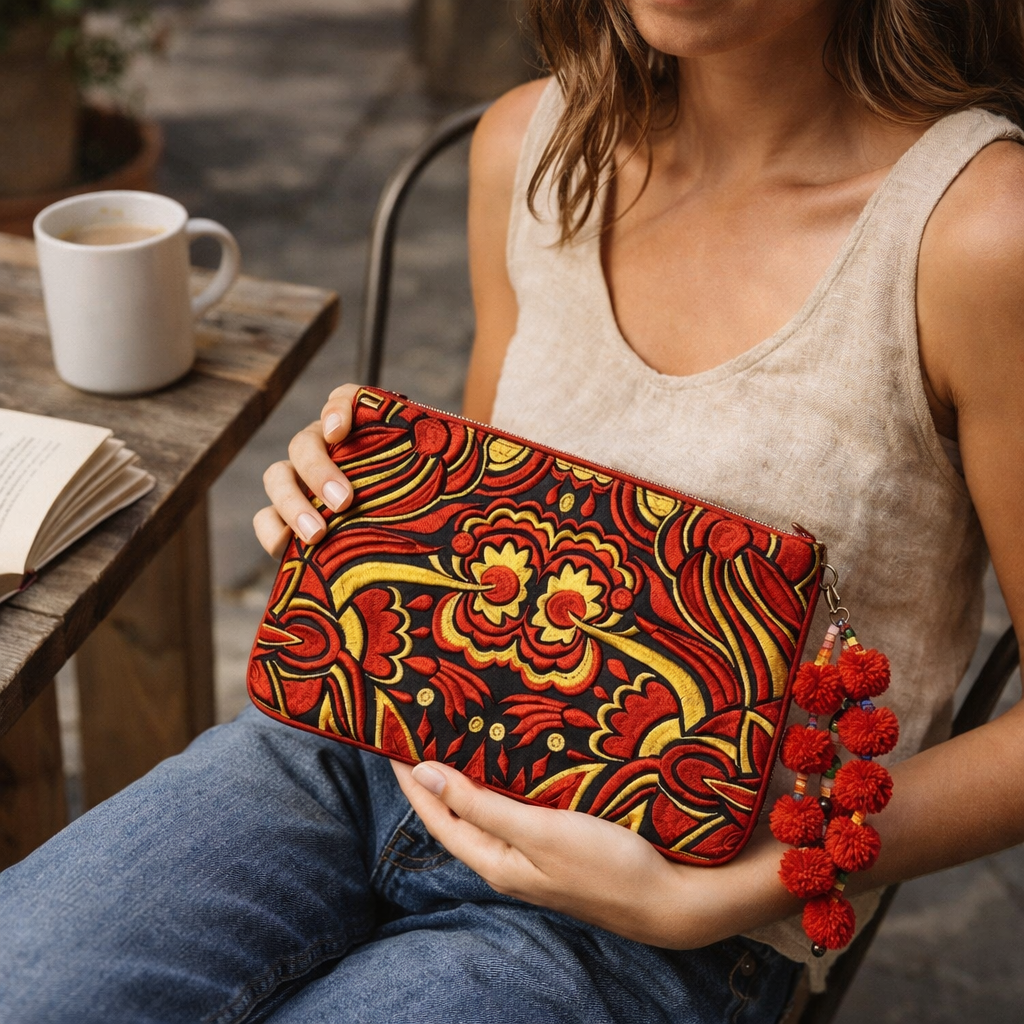 Soila Embroidered Pom Pom Clutch Boho Artisan Tablet Sleeve Fair Trade - Thailand-Clutch-Lumily-Lumily MZ Fair Trade Nena &amp; Co Hiptipico Novica Lucia&