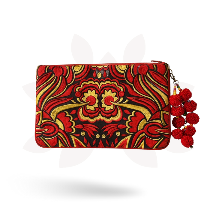 Soila Embroidered Pom Pom Clutch Boho Artisan Tablet Sleeve Fair Trade - Thailand-Clutch-Lumily-Lumily MZ Fair Trade Nena &amp; Co Hiptipico Novica Lucia&