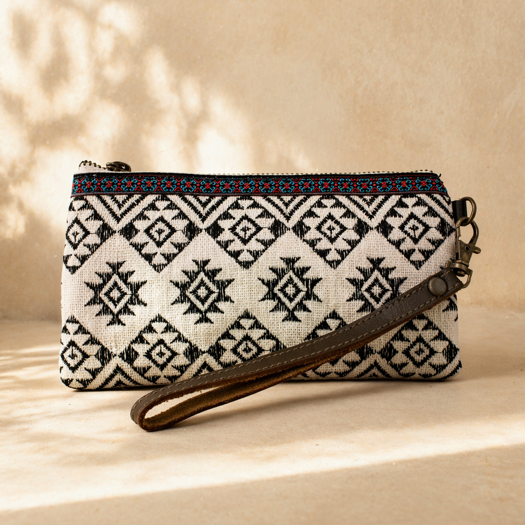 Geometric Embroidered Wristlet Bag with Leather Strap – Thailand-Wristlets-Lumily-Lumily MZ Fair Trade Nena & Co Hiptipico Novica Lucia's World emporium