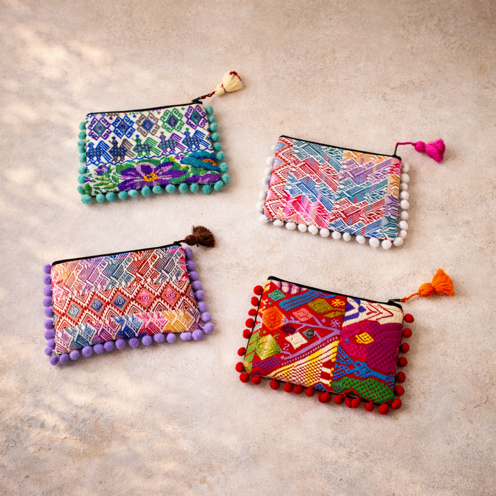 Pom Pom Maya Bag Up-cycled Huipil (One-of-a-kind) - Guatemala-Bags-Laura y Francisco (GU)-Lumily MZ Fair Trade Nena &amp; Co Hiptipico Novica Lucia&