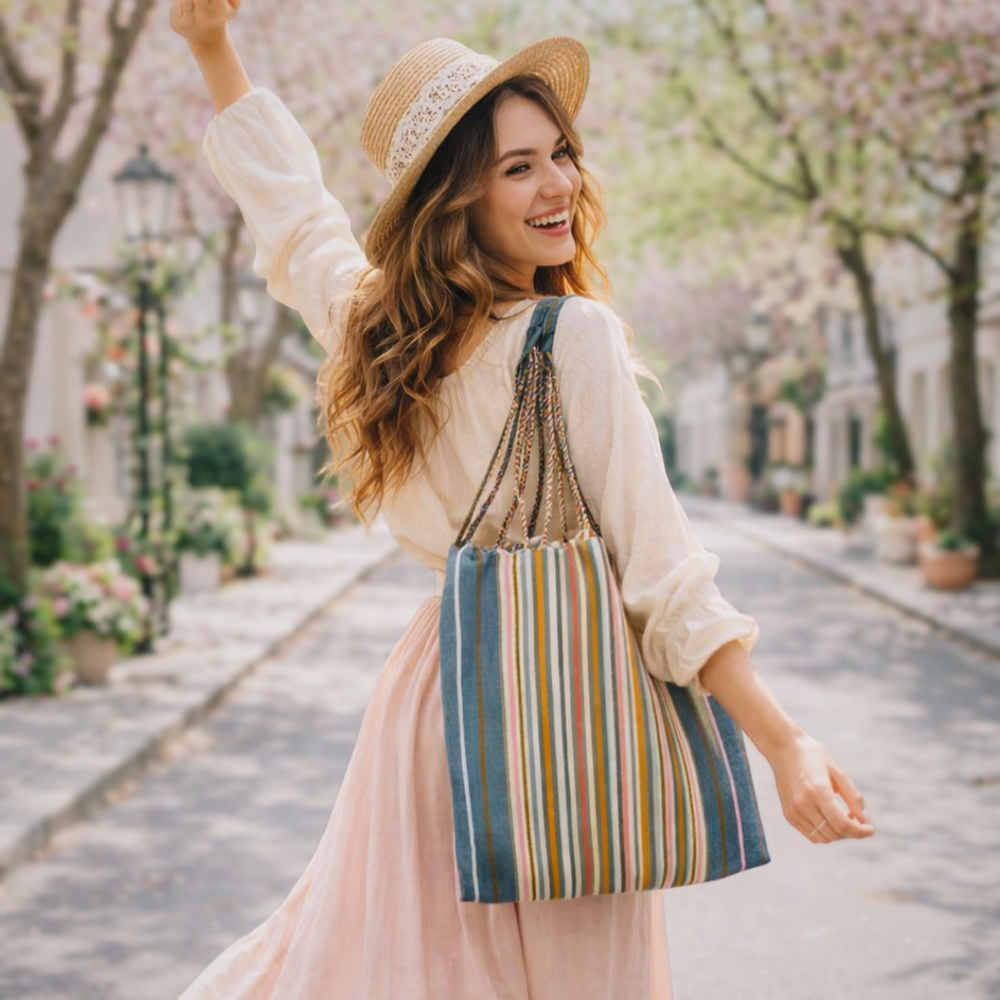 Poppy Woven Striped Tote | Hammock Bag - Mexico-Bags-Rebeca y Francisco (Mexico)-Lumily MZ Fair Trade Nena & Co Hiptipico Novica Lucia's World emporium