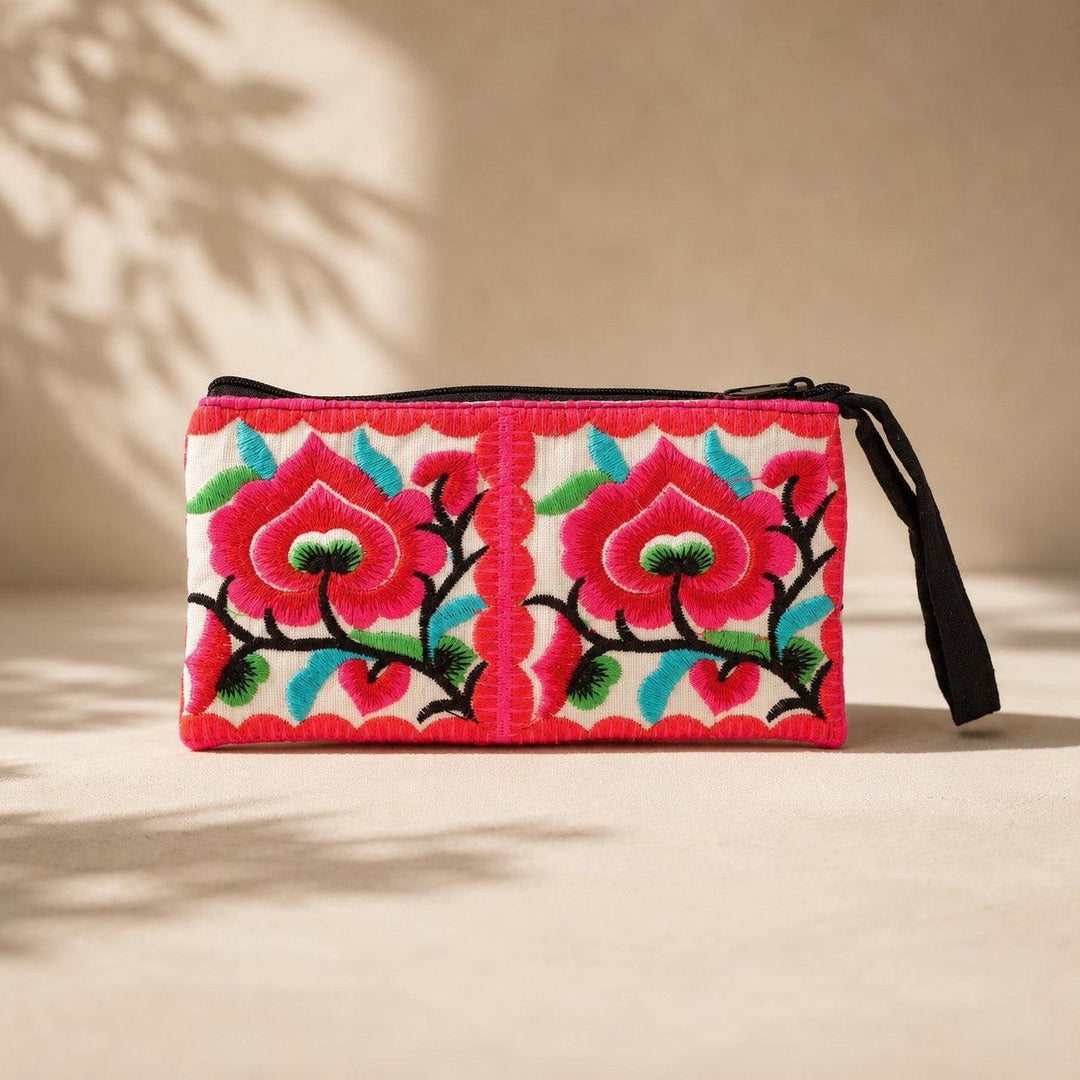 Hmong Embroidered Wristlet Clutch – Fair Trade Handmade Pouch - Thailand-Wristlets-Wichai (Hmong Bags - TH)-Pink-Lumily MZ Fair Trade Nena & Co Hiptipico Novica Lucia's World emporium