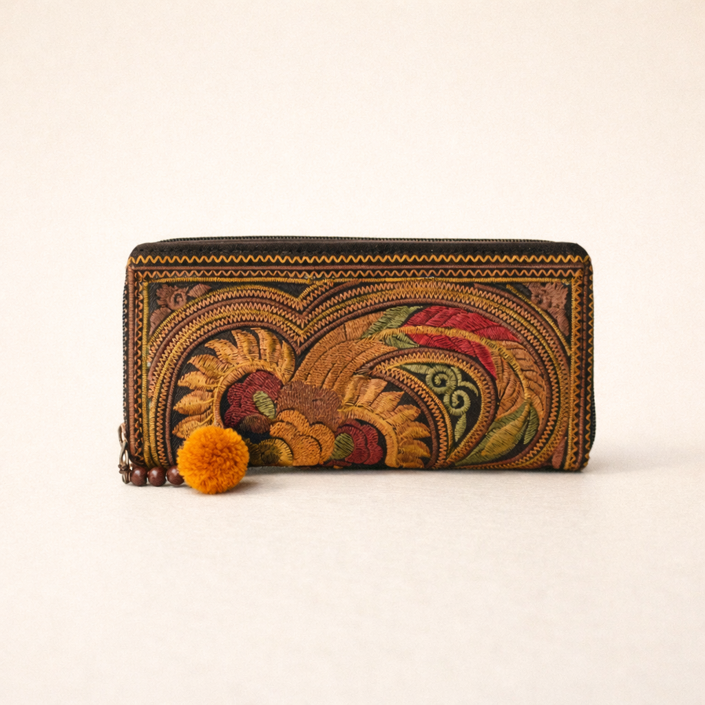 Hmong Flower Embroidered Multi-pocket Wallet - Thailand-Wallets-Lumily-Mocha-Lumily MZ Fair Trade Nena & Co Hiptipico Novica Lucia's World emporium