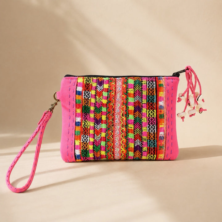 Vintage Hmong Textile Leather Wristlet Boho Embroidered Clutch Fair Trade - Thailand