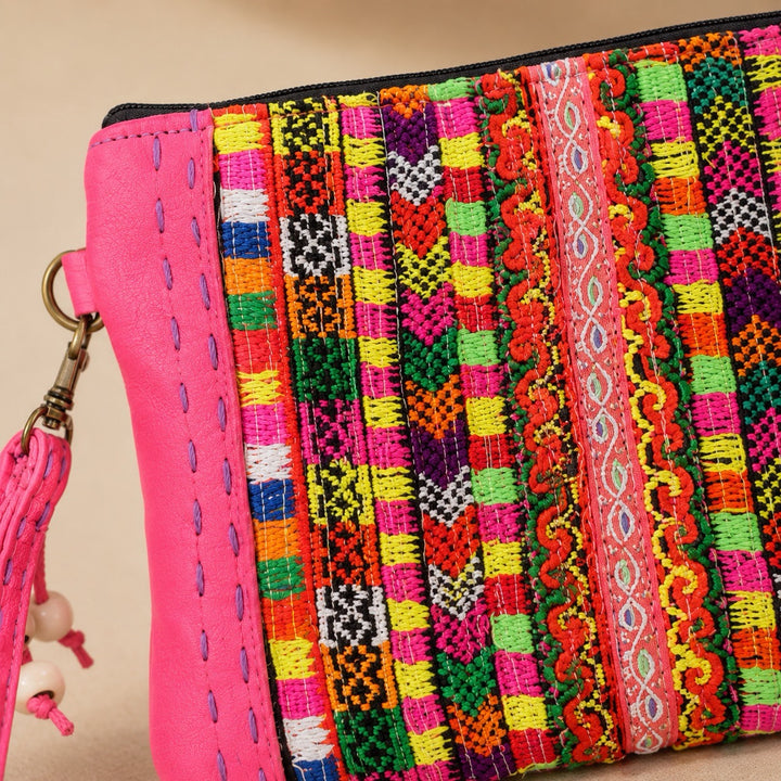 Vintage Hmong Textile Leather Wristlet Boho Embroidered Clutch Fair Trade - Thailand