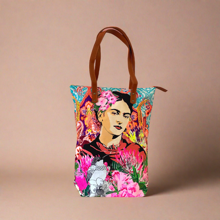 Frida Kahlo Printed Tote Bag with Zipper - Thailand-Bags-Lumily-Blue-Lumily MZ Fair Trade Nena & Co Hiptipico Novica Lucia's World emporium