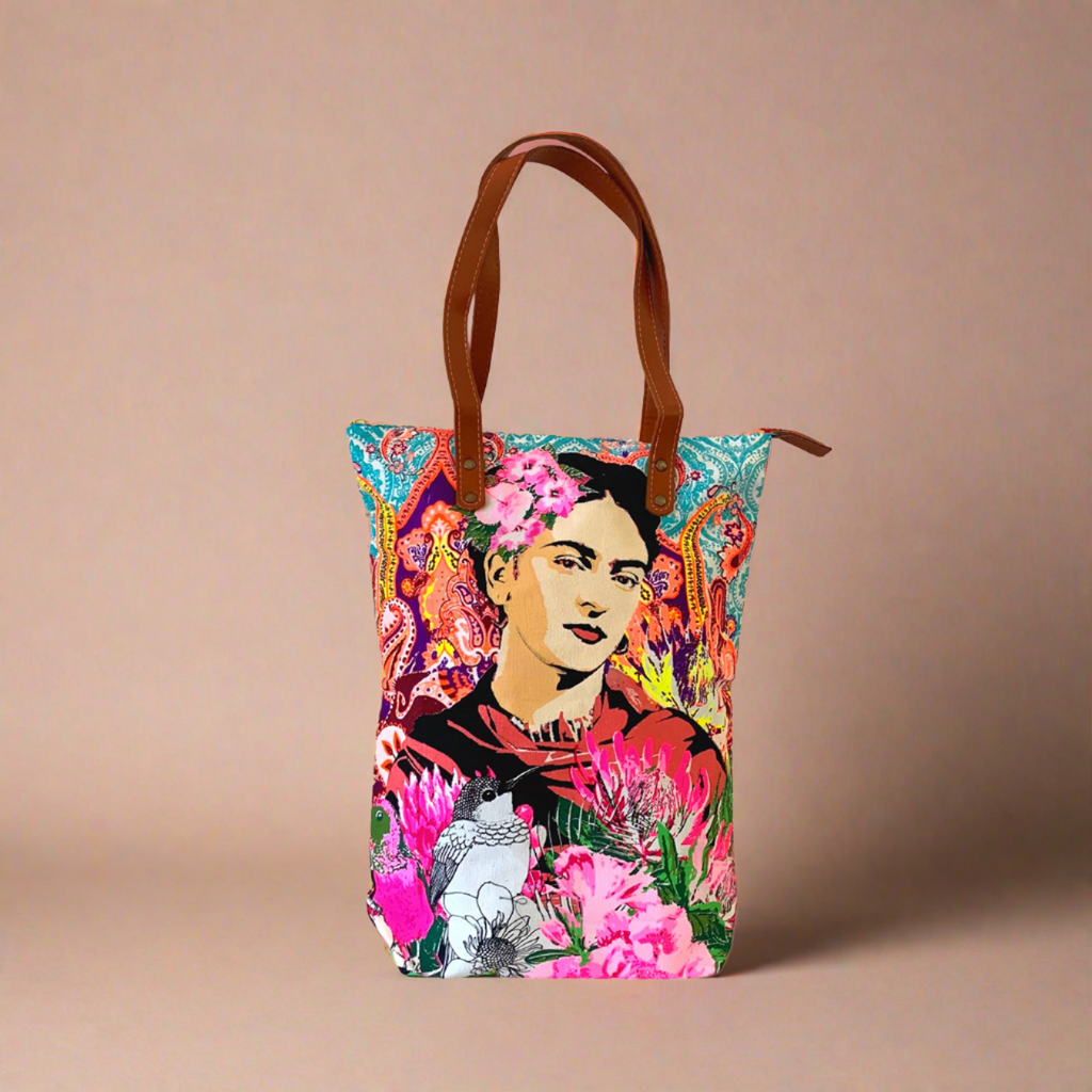 Frida Kahlo Jute Tote Bag Hand Painted Silk Roses factory Wood Handle NWOT