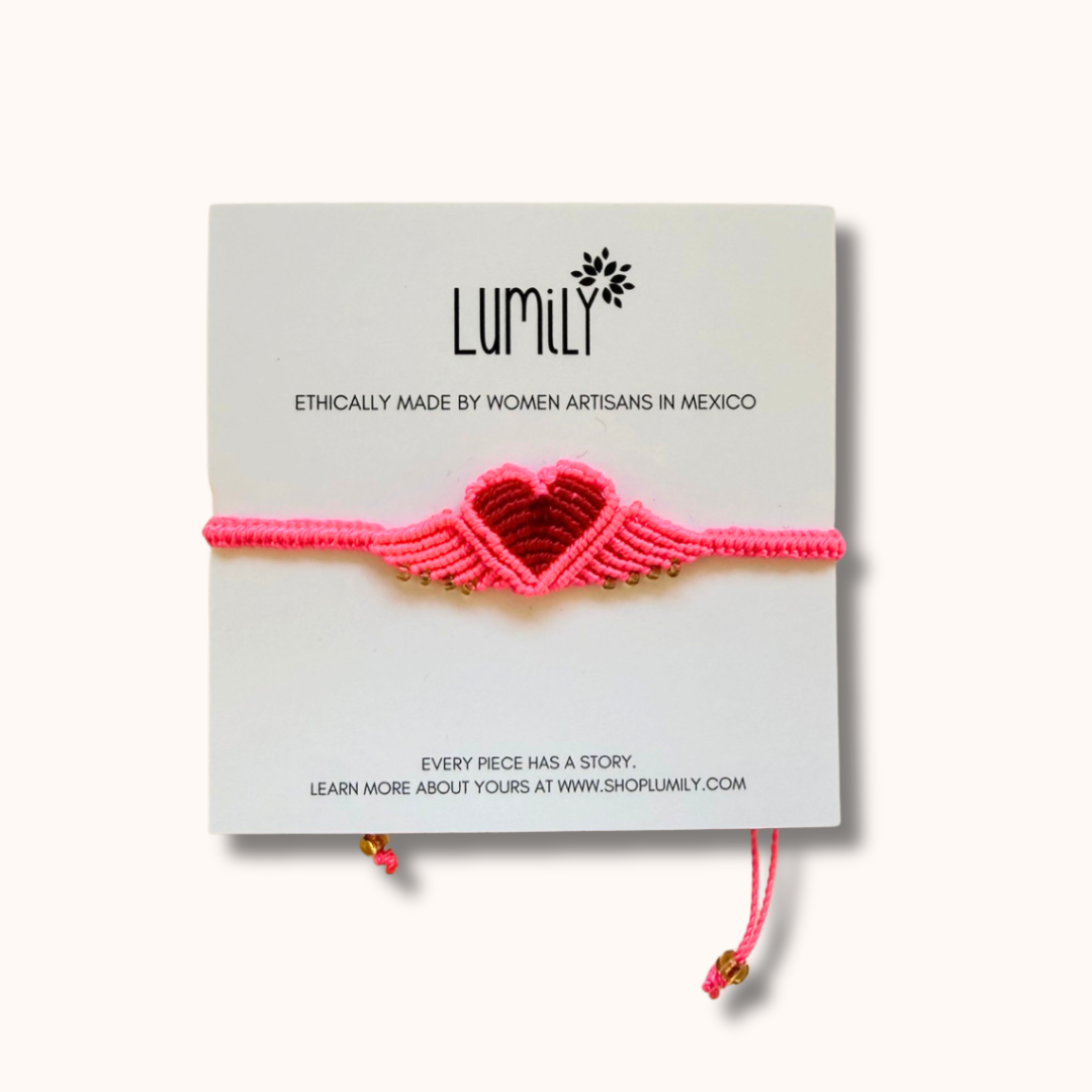 Macrame Woven Heart Wings Pull String Bracelet - Mexico-Bracelets-Rebeca y Francisco (Mexico)-Neon Pink-Lumily MZ Fair Trade Nena & Co Hiptipico Novica Lucia's World emporium