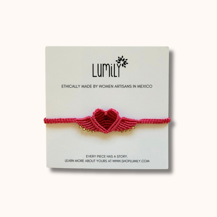 Macrame Woven Heart Wings Pull String Bracelet - Mexico-Bracelets-Rebeca y Francisco (Mexico)-Pink-Lumily MZ Fair Trade Nena & Co Hiptipico Novica Lucia's World emporium