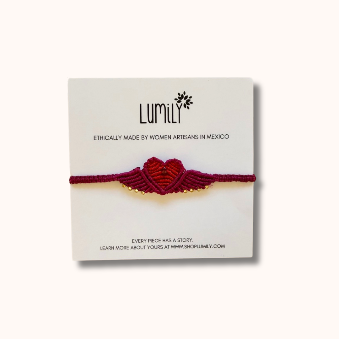 Macrame Woven Heart Wings Pull String Bracelet - Mexico-Bracelets-Rebeca y Francisco (Mexico)-fuchsia-Lumily MZ Fair Trade Nena & Co Hiptipico Novica Lucia's World emporium
