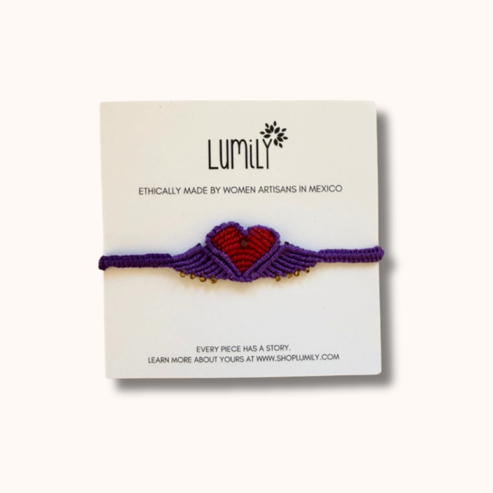 Macrame Woven Heart Wings Pull String Bracelet - Mexico-Bracelets-Rebeca y Francisco (Mexico)-Purple-Lumily MZ Fair Trade Nena & Co Hiptipico Novica Lucia's World emporium