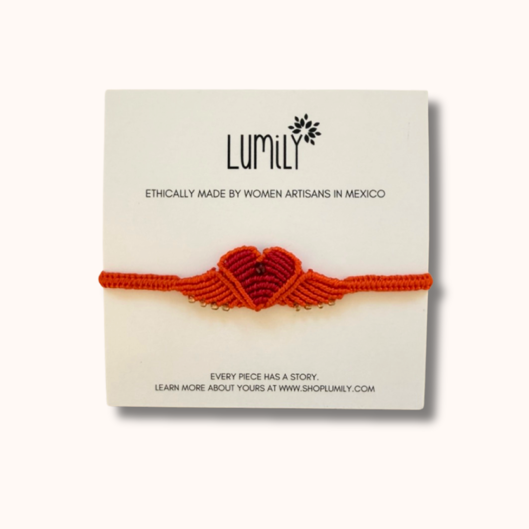 Macrame Woven Heart Wings Pull String Bracelet - Mexico-Bracelets-Rebeca y Francisco (Mexico)-Neon Orange-Lumily MZ Fair Trade Nena & Co Hiptipico Novica Lucia's World emporium