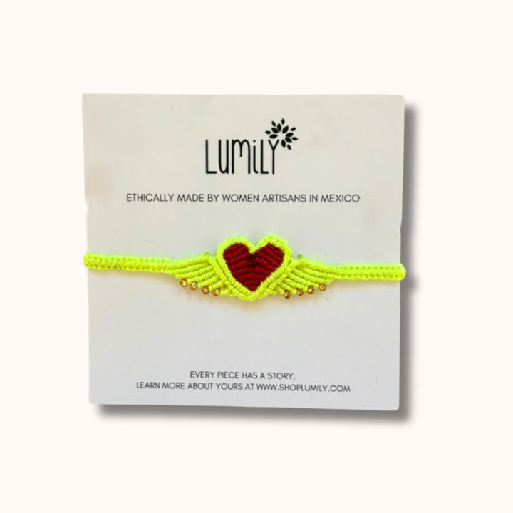 Macrame Woven Heart Wings Pull String Bracelet - Mexico-Bracelets-Rebeca y Francisco (Mexico)-Neon Yellow-Lumily MZ Fair Trade Nena & Co Hiptipico Novica Lucia's World emporium