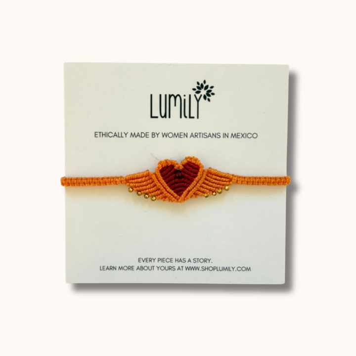 Macrame Woven Heart Wings Pull String Bracelet - Mexico-Bracelets-Rebeca y Francisco (Mexico)-Orange-Lumily MZ Fair Trade Nena & Co Hiptipico Novica Lucia's World emporium