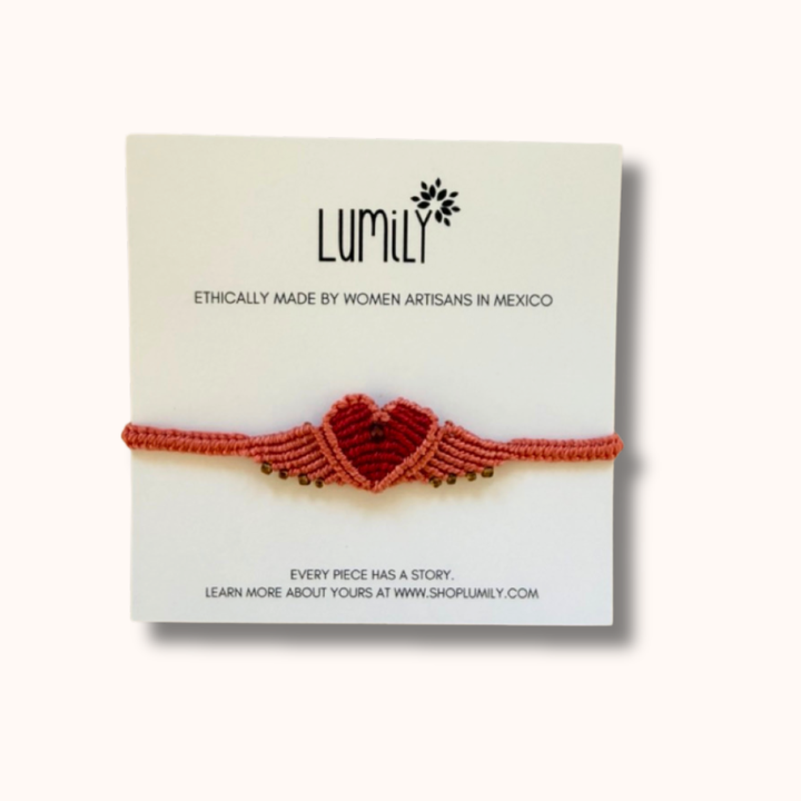 Macrame Woven Heart Wings Pull String Bracelet - Mexico-Bracelets-Rebeca y Francisco (Mexico)-Peach-Lumily MZ Fair Trade Nena & Co Hiptipico Novica Lucia's World emporium
