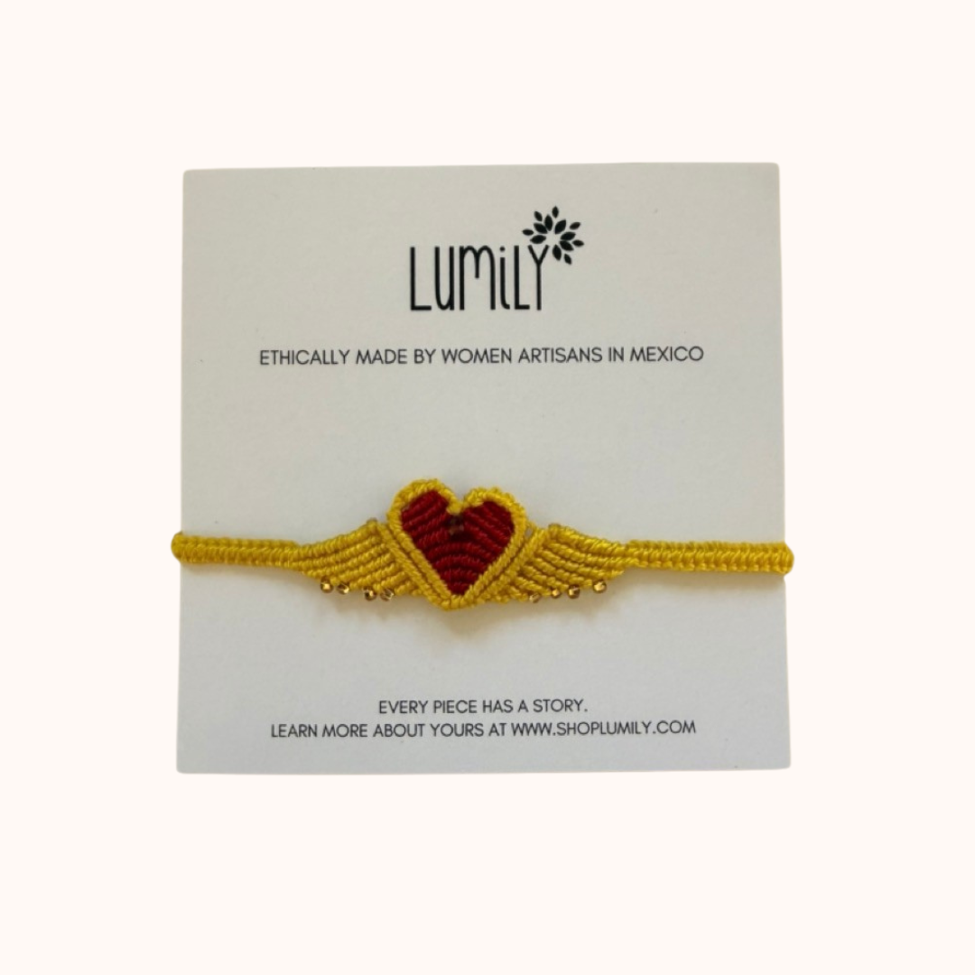 Macrame Woven Heart Wings Pull String Bracelet - Mexico-Bracelets-Rebeca y Francisco (Mexico)-Yellow-Lumily MZ Fair Trade Nena & Co Hiptipico Novica Lucia's World emporium