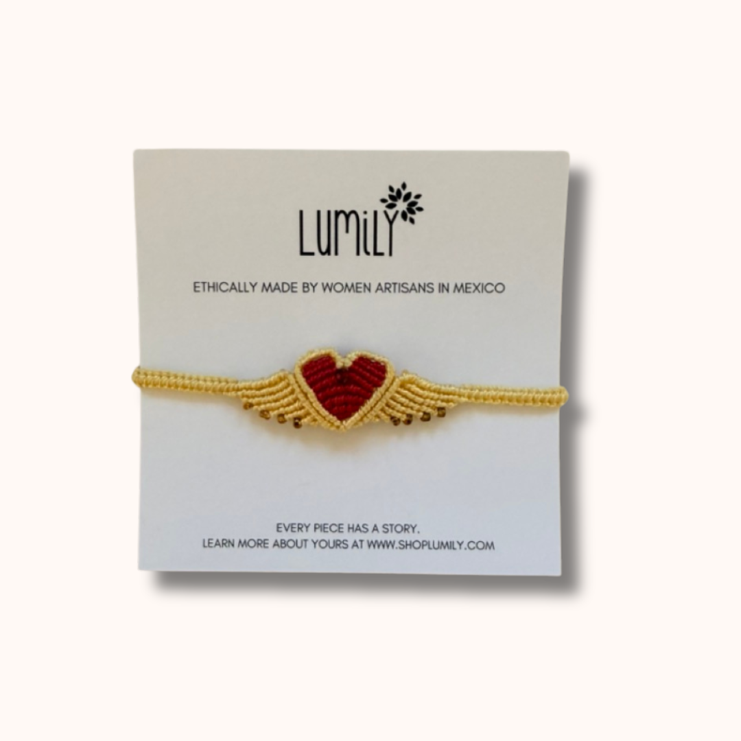 Macrame Woven Heart Wings Pull String Bracelet - Mexico-Bracelets-Rebeca y Francisco (Mexico)-Ivory-Lumily MZ Fair Trade Nena & Co Hiptipico Novica Lucia's World emporium