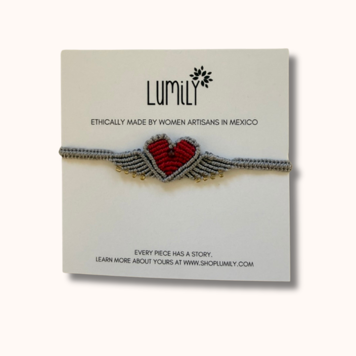 Macrame Woven Heart Wings Pull String Bracelet - Mexico-Bracelets-Rebeca y Francisco (Mexico)-Gray-Lumily MZ Fair Trade Nena & Co Hiptipico Novica Lucia's World emporium