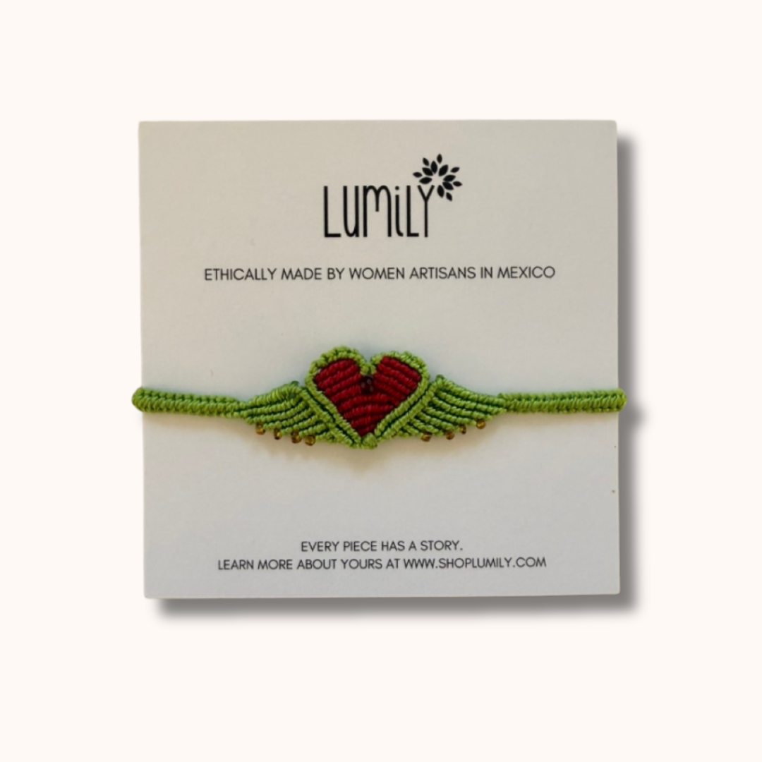 Macrame Woven Heart Wings Pull String Bracelet - Mexico-Bracelets-Rebeca y Francisco (Mexico)-Lime Green-Lumily MZ Fair Trade Nena & Co Hiptipico Novica Lucia's World emporium