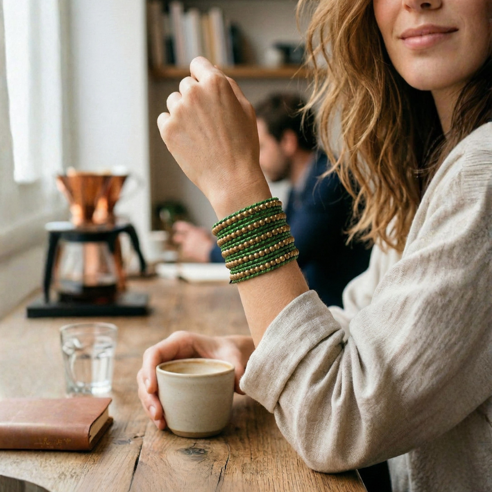 Lime Green Beaded Wrap Bracelet | Handmade Fair Trade Jewelry from Thailand | Boho Brass Bead-Jewelry-Lumily-Lumily MZ Fair Trade Nena & Co Hiptipico Novica Lucia's World emporium