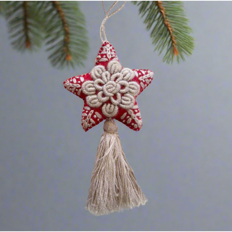 Red Star Embroidered Felted Wool Handmade Ornament - Mexico-Decor-Rebeca y Francisco (Mexico)-Lumily MZ Fair Trade Nena & Co Hiptipico Novica Lucia's World emporium