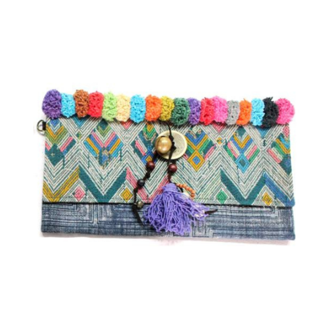 Bonita Karen Textile Pompom Embroidered Clutch Bag - Thailand-Bags-Lumily-Lumily MZ Fair Trade Nena & Co Hiptipico Novica Lucia's World emporium