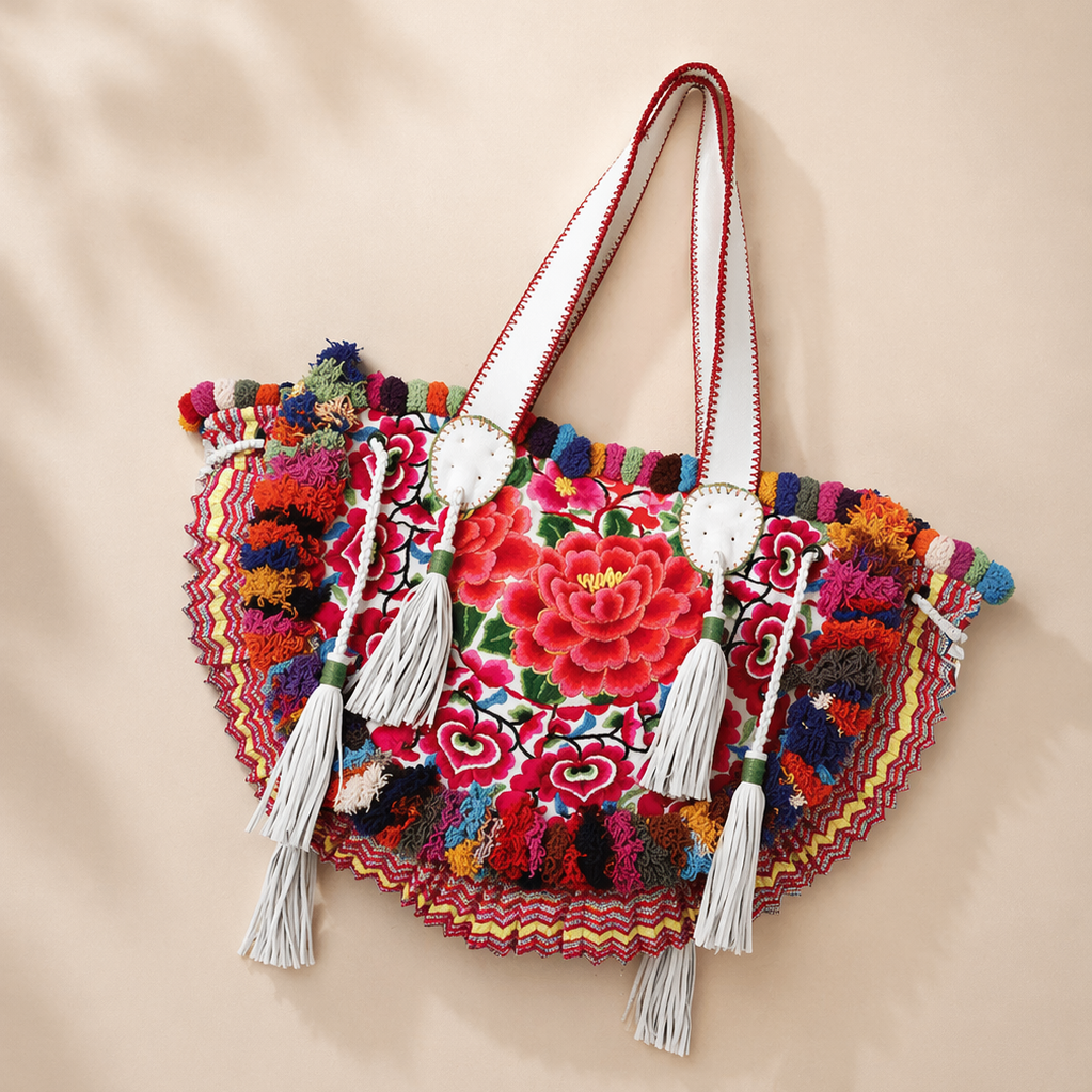 Embroidered Half Moon Ibiza Leather Tote Pom Pom Bag – Thailand-Bags-Lumily-Red-Lumily MZ Fair Trade Nena &amp; Co Hiptipico Novica Lucia&
