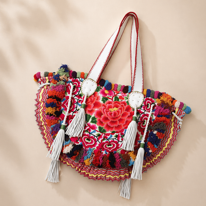Embroidered Half Moon Ibiza Leather Tote Pom Pom Bag – Thailand-Bags-Lumily-Red-Lumily MZ Fair Trade Nena &amp; Co Hiptipico Novica Lucia&