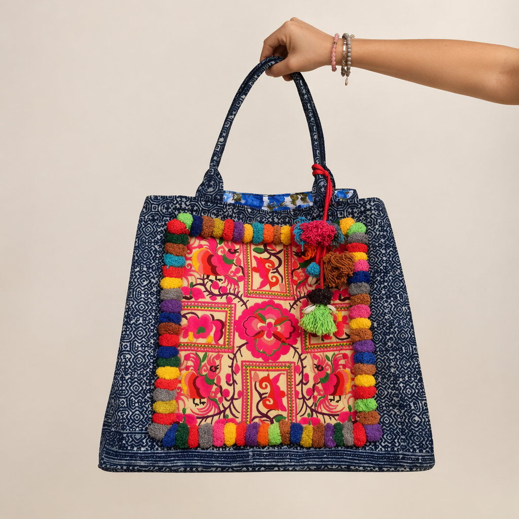 Oasis Hmong Batik PomPom Flower Beach Tote - Thailand-Bags-Lumily-Lumily MZ Fair Trade Nena &amp; Co Hiptipico Novica Lucia&