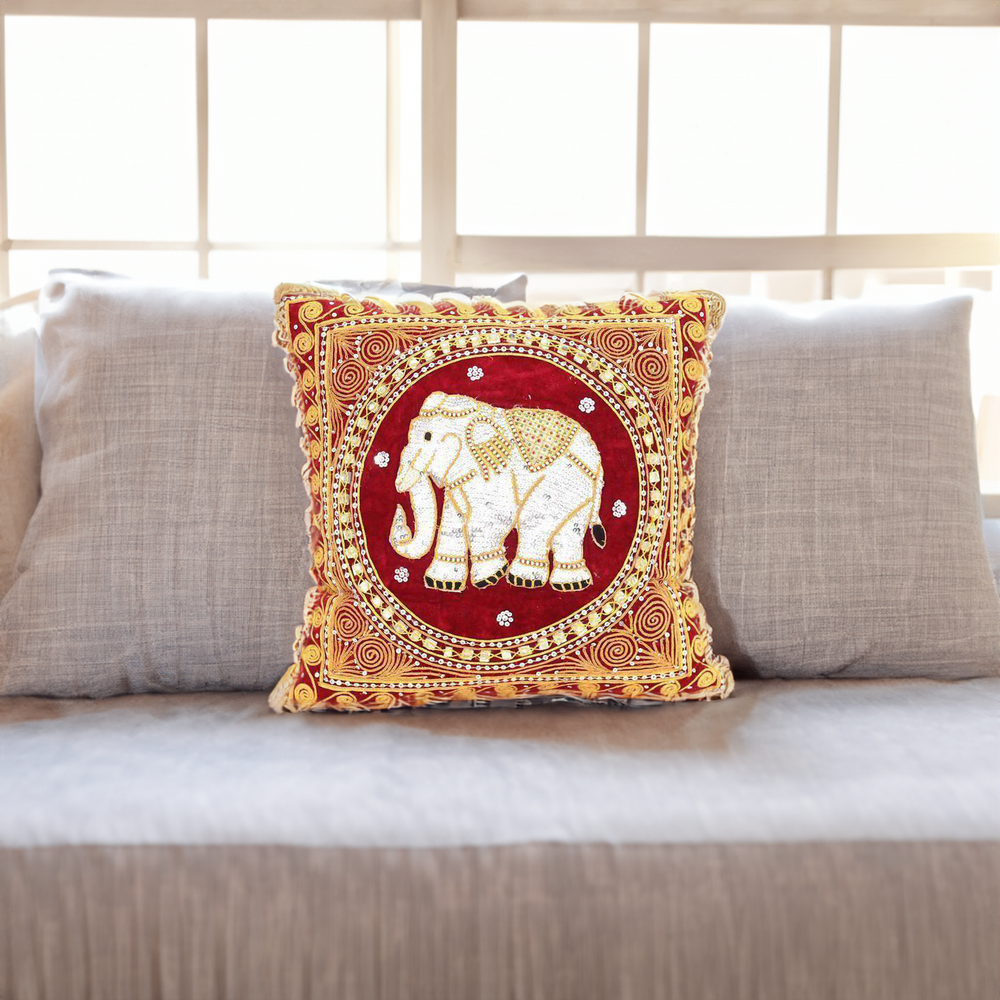 Thai Elephant Embroidered Pillow Cover - Thailand-Decor-Lumily-Lumily MZ Fair Trade Nena & Co Hiptipico Novica Lucia's World emporium