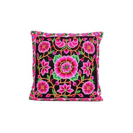 Frida Flower Embroidered Mexican Pink Flower Boho Cushion - Thailand-Lumily-Black-Lumily MZ Fair Trade Nena & Co Hiptipico Novica Lucia's World emporium