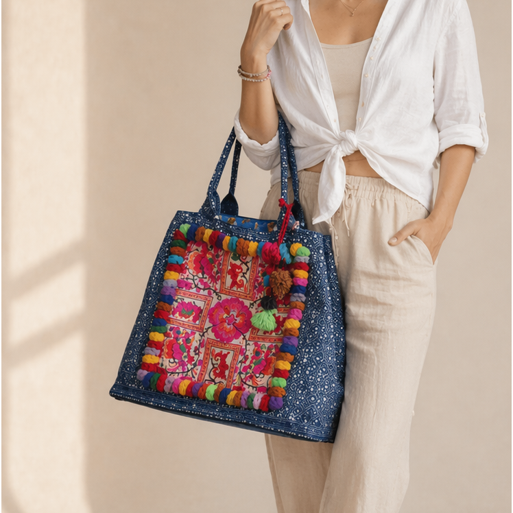 Oasis Hmong Batik PomPom Flower Beach Tote - Thailand-Bags-Lumily-Lumily MZ Fair Trade Nena & Co Hiptipico Novica Lucia's World emporium