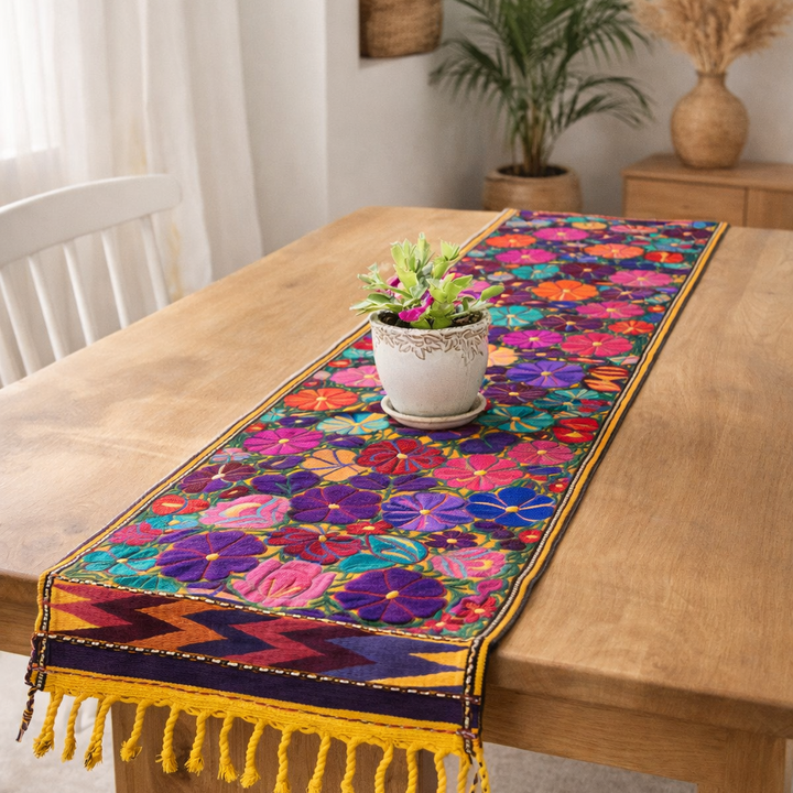 Embroidered Floral Multicolor Table Runner – Fair Trade Guatemalan Textile-Decor-Laura y Francisco (GU)-Lumily MZ Fair Trade Nena &amp; Co Hiptipico Novica Lucia&